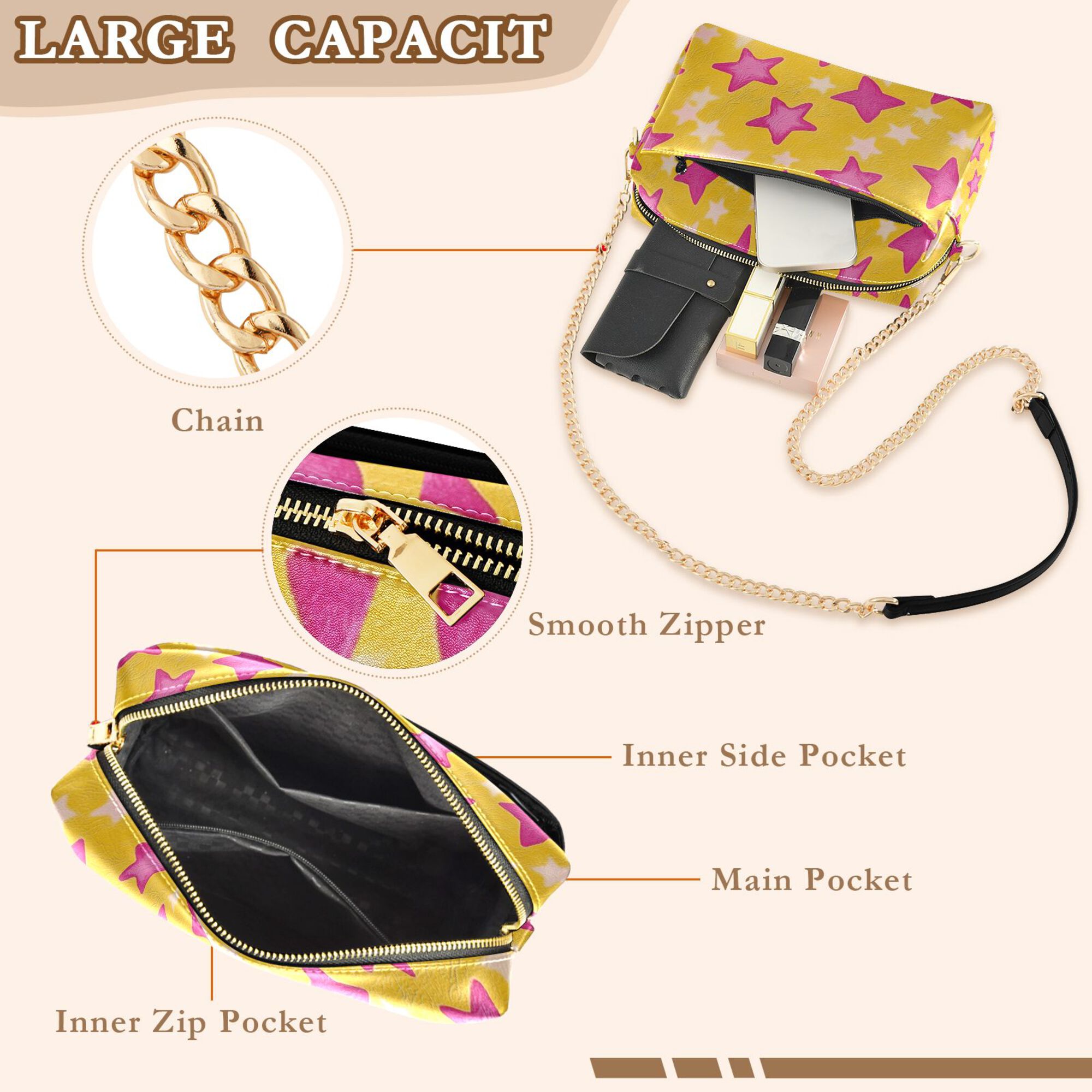 FORMRS Women Crossbody Purse with Chain Strap Vegan Leather Shoulder Handbag, Large Pink Stars