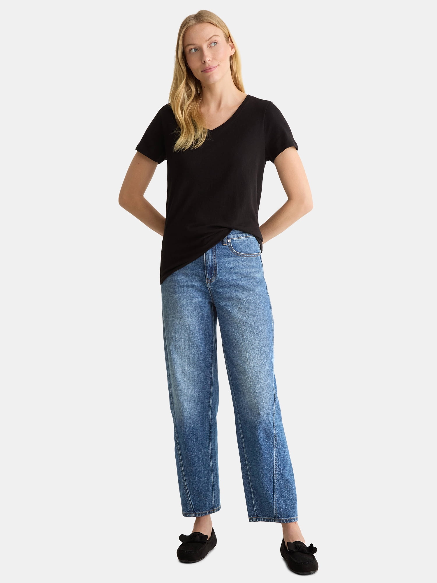 Time and Tru Women's Cotton V-Neck Tee with Short Sleeves, Sizes XS-4X