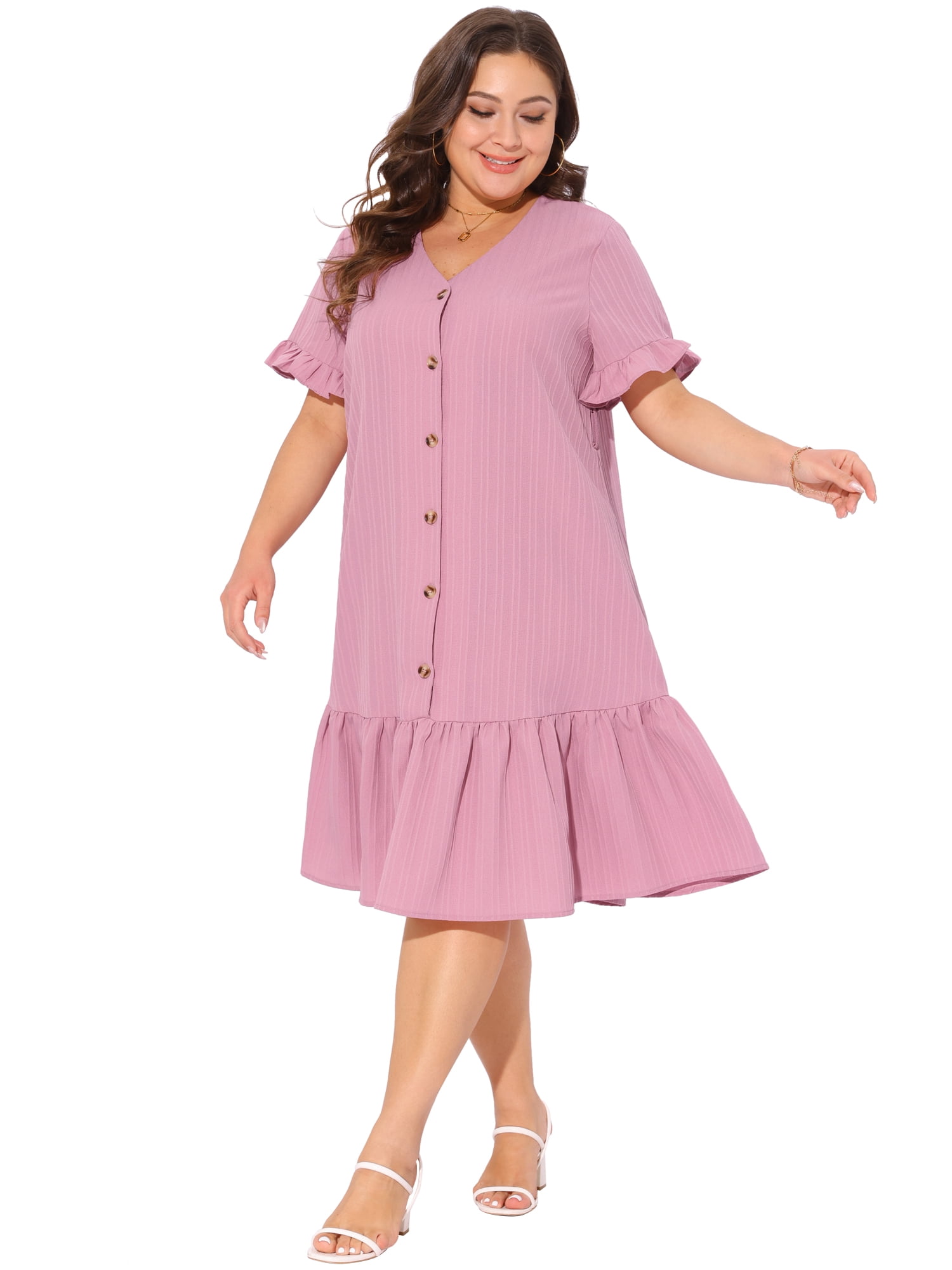 DARING DIVA Plus Size V Neck Short Sleeves Ruffle Hem Beach Dress 3X Pink
