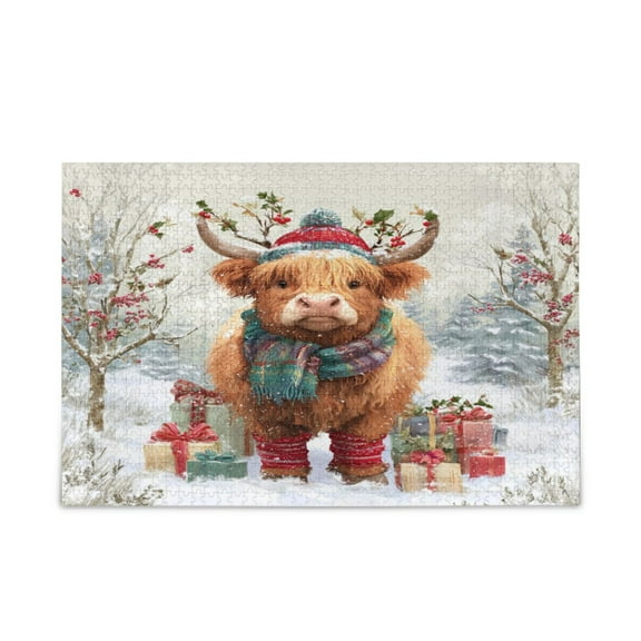 500 Pieces Jigsaw Puzzles Storage Bag & Guide Cow Wearing Christmas Hat Puzzle for 15 