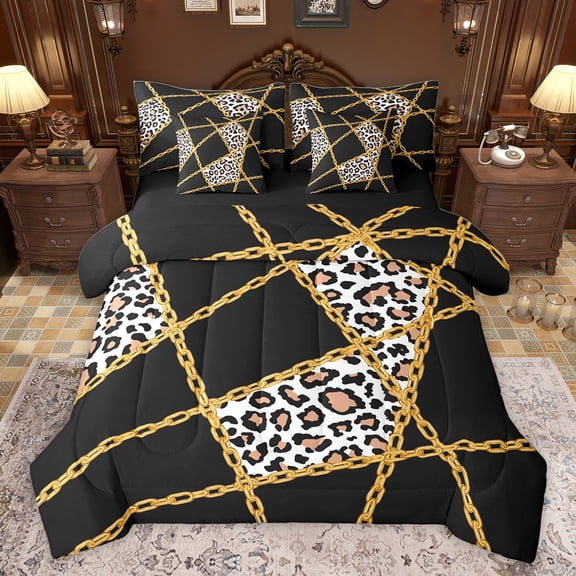 Castle Fairy Animal Leopard Print Twin Bedding Sets 7-Piece for Boys Girls,Abstract Geometric Plaid Bedding Comforter Set Microfiber,Gold Chain Grid Breathable Sheet Sets,Super Cozy Room Decor