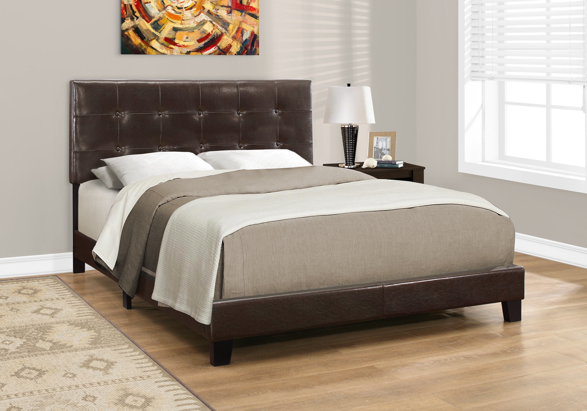 Bed Frame Bed, Queen Size, Bedroom, Upholstered, Brown Leather Look, Transitional