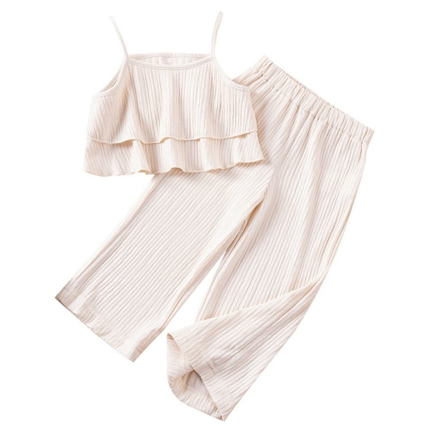 Odeerbi 1-13 Años Conjunto de Verano Para Niñas Camisola Con Volantes de Algodón Pantalones de Pata Ancha Conjunto de Dos Piezas Camiseta de Rayas Onduladas Pantalones Sueltos Conjunto