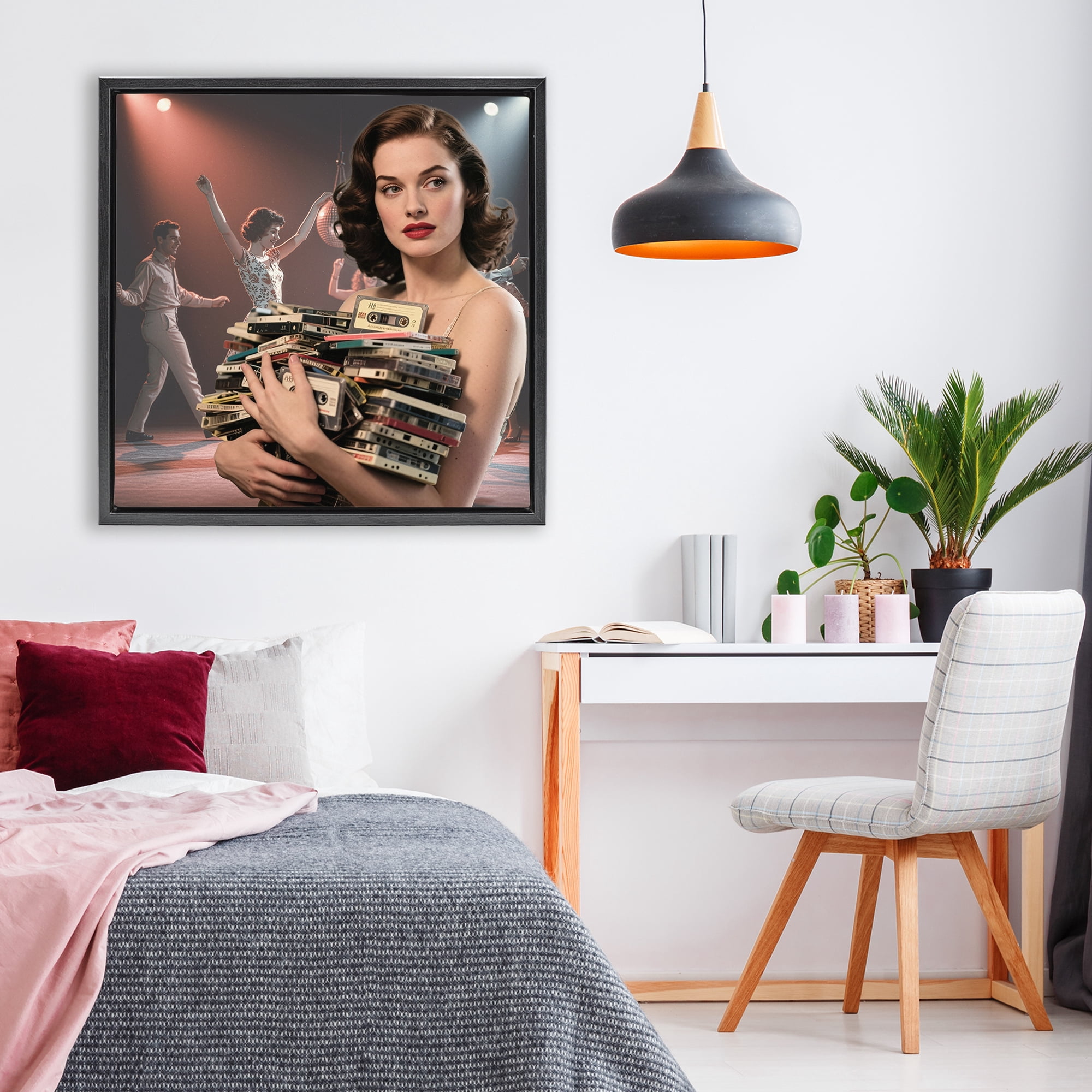 Stupell Industries Woman Holding Vintage Cassette Collection Black Framed Floater Canvas Wall Art, design by CAD Designs
