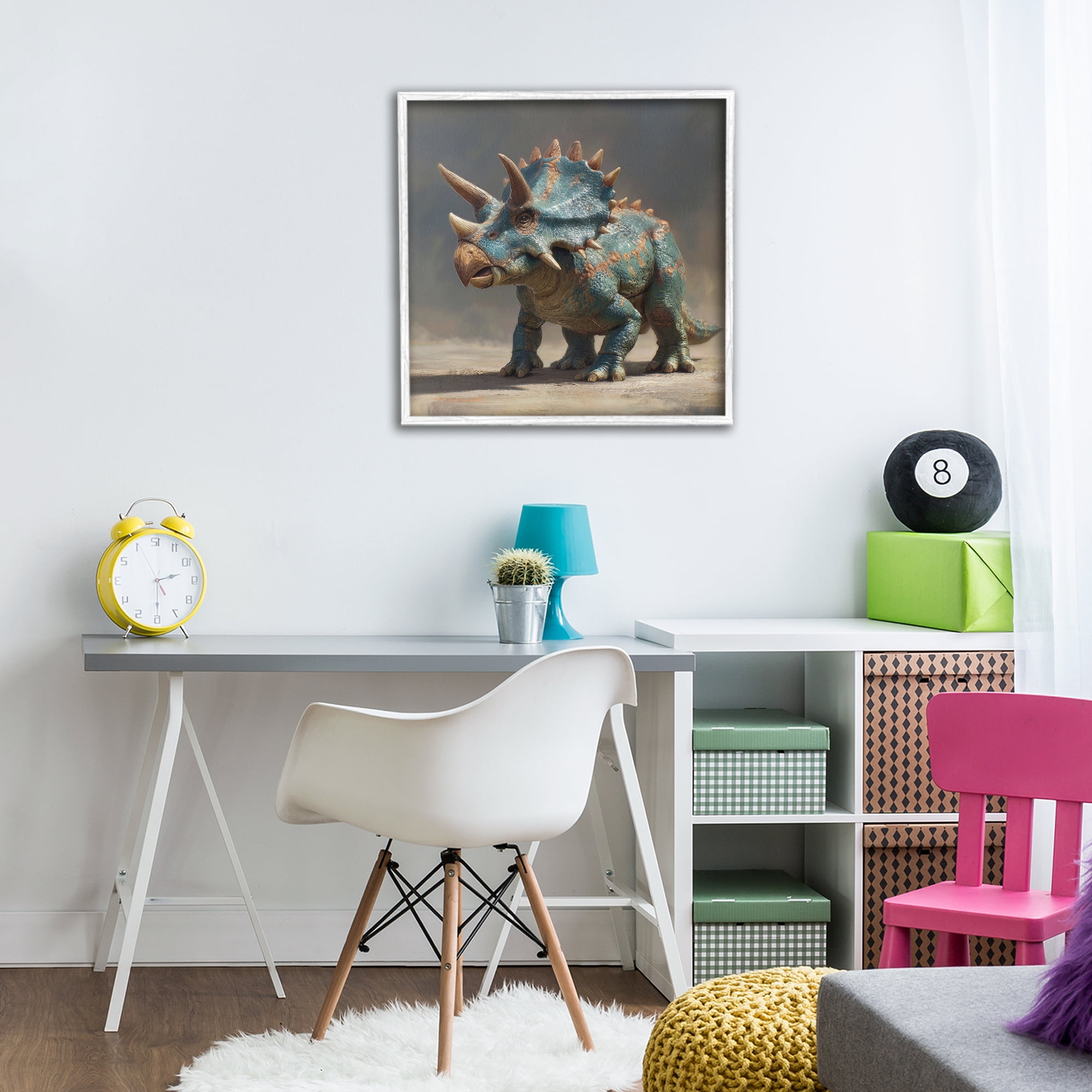 Stupell Industries Horned Triceratops at Sunrise White Framed Giclee Art, design by Wumples