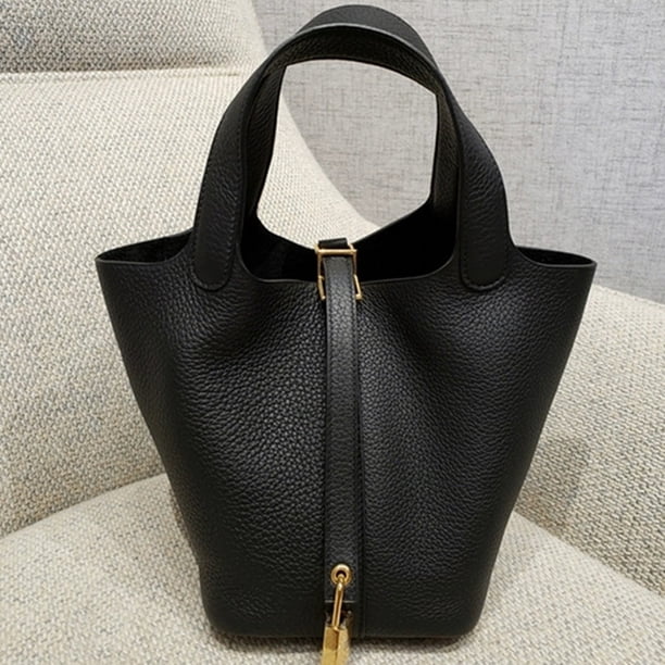 Bolso tipo cubo con forma de cesta para verduras, bolso de hombro, capa superior de piel de vaca, estampado de lichi, piel de Togo, bolso de piel auténtica para mujer