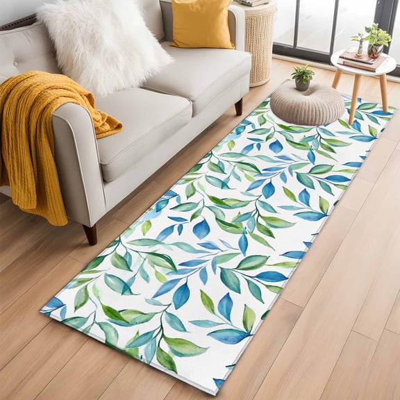 2'x6' Rug Runners for Hallways Kitchen, Blue Green Botanical Non Slip Entryway Beside Floor Carpet Runner, Watercolor Summer Leaf Washable Laundry Room Bedroom Throw Rugs Mat for Family Pet