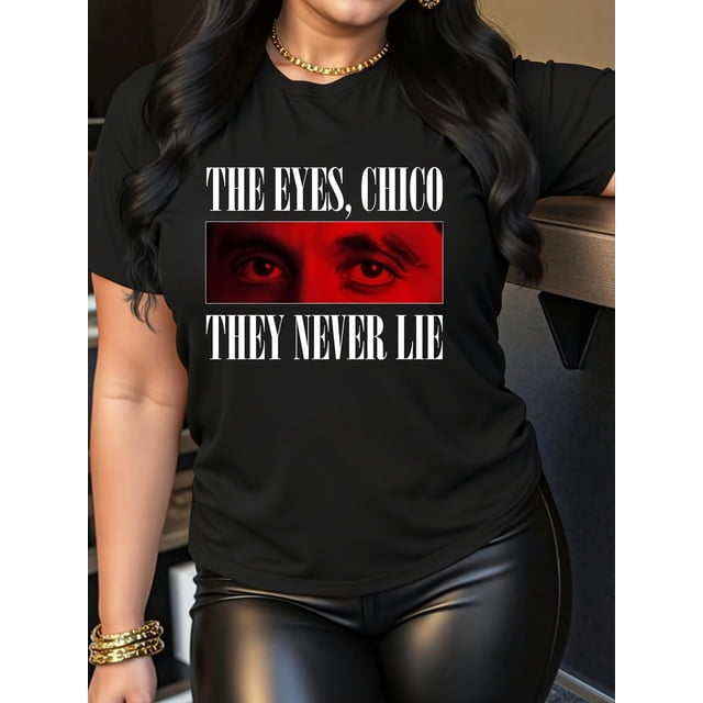 Casual Stylish Top for Black Women Featuring a Round Neck And Short Sleeves with Boxy Eye Letter Prints.