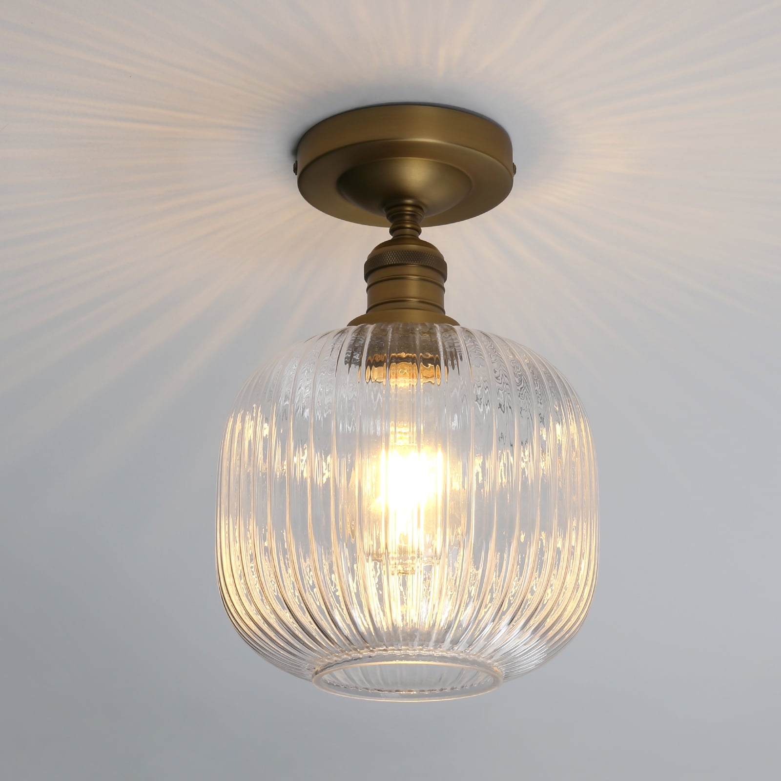 Pathson Industrial Semi Flush Mount Ceiling Light, Ribbed Clear Glass Lampshade Close to Ceiling Light for Living Room Dinning Room Kitchen Porch