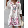 thumbnail image 2 of EASYBRAUS Women V Neck Lace Print Summer Dress Casual Floral Flare Sleeve Short Dress, 2 of 6