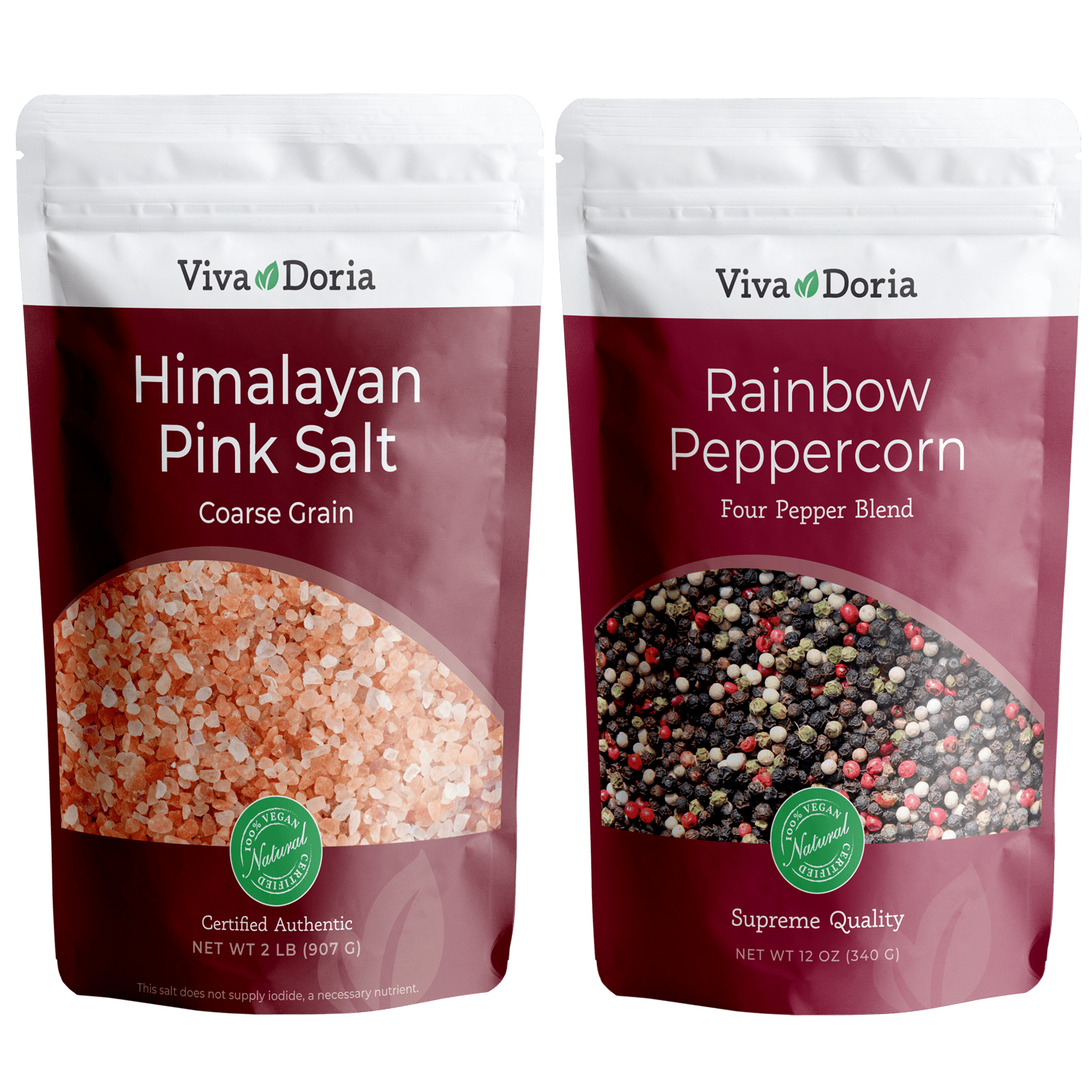 Viva Doria Rainbow Peppercorn Blend (Whole Black, White, Green and Pink Peppercorn) 12 oz and Himalayan Pink Salt (Coarse Grain) 2 lb for Grinder Refills