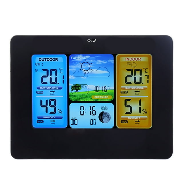 Uadme LCD Estación meteorológica inalámbrica Digital Reloj Termómetro Pantalla a Color con Reloj atómico Termómetro meteorológico Digital Termómetro de estación meteorológica Digital(Neutro - Negro)