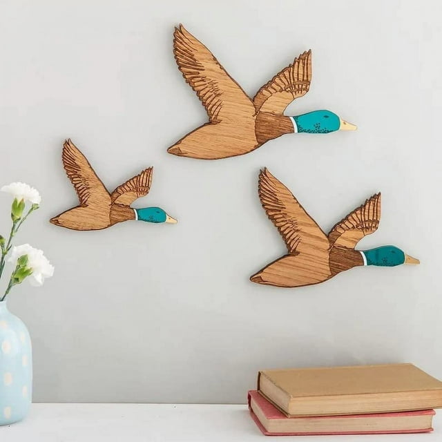 Arte de pared de madera para decoración de pared de pájaros voladores rústicos, arte de pared de madera tallada para el hogar, sala de estar, decoración de pared de patos de madera única, 3