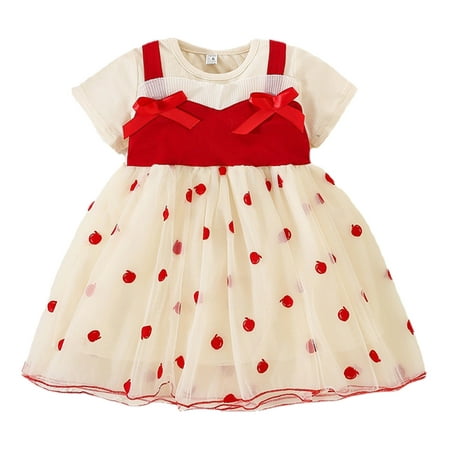 

Toddler Girl Dress Short Sleeve Bowknot Fruits Print Tulle Princess Dress Dance Party Dresses Baby Girl Clothes