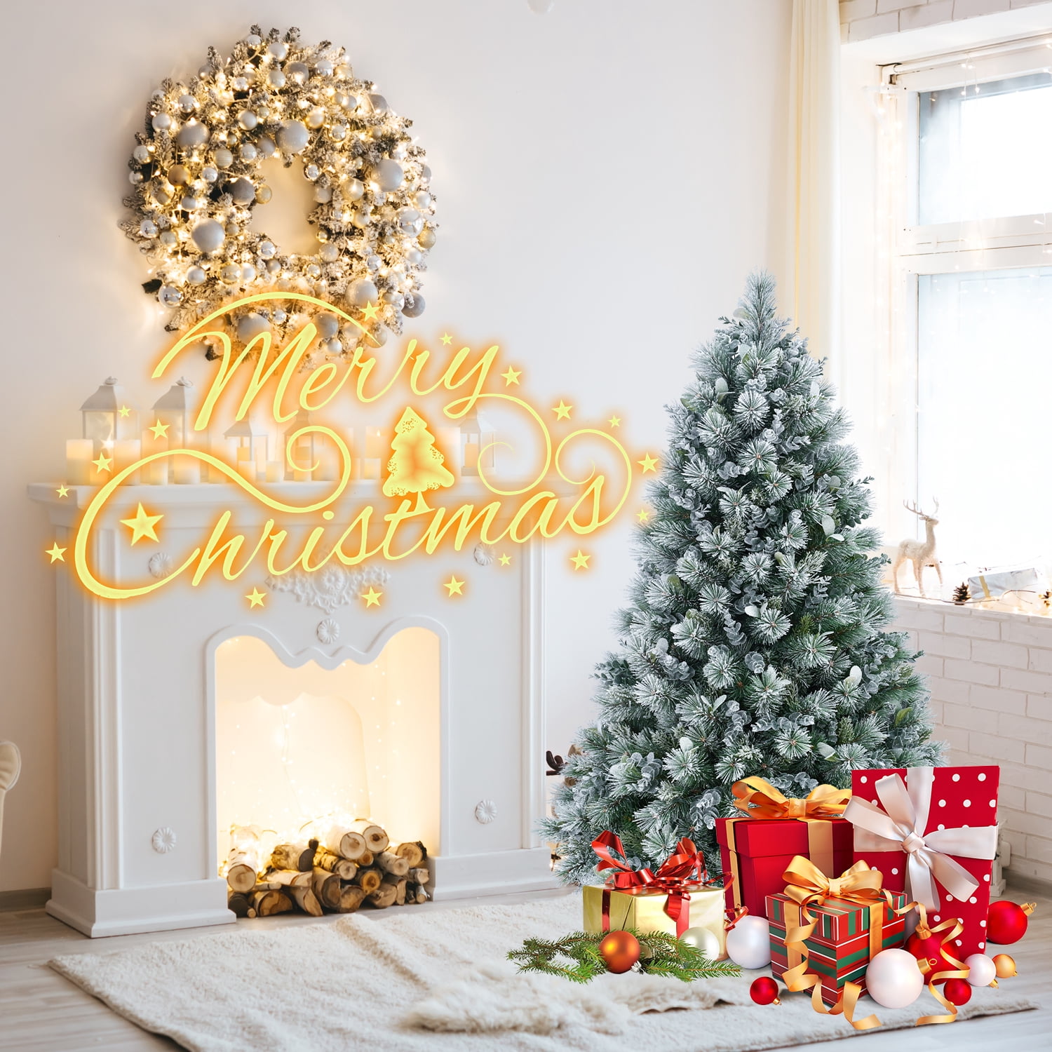 4ft Flocked Christmas Tree with Eucalyptus Leaves 404 Tips Hinged Branches Metal Stand Indoor Decor