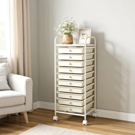 Topcobe 10 Drawer Rolling Storage Cart Organizer with 4 Universal Casters, Modern Furniture for Indoor-White