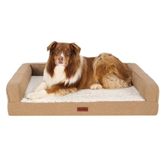 FurHaven Jumbo (32"x40") Orthopedic Dog Bed – Birch Faux Fur & Soft Faux Linen Modern Sofa Pet Bed, CertiPUR-US Foam, Removable Washable Cover, Nutmeg