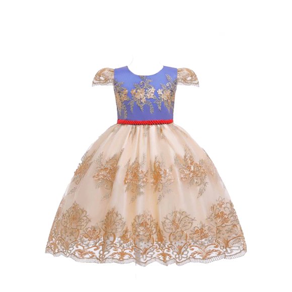Girls Prom Dress Floral Lace Embroidered Party Gown Wedding Bridesmaid Pageant Retro Bowknot Princess Dress (2 Years, Blue)