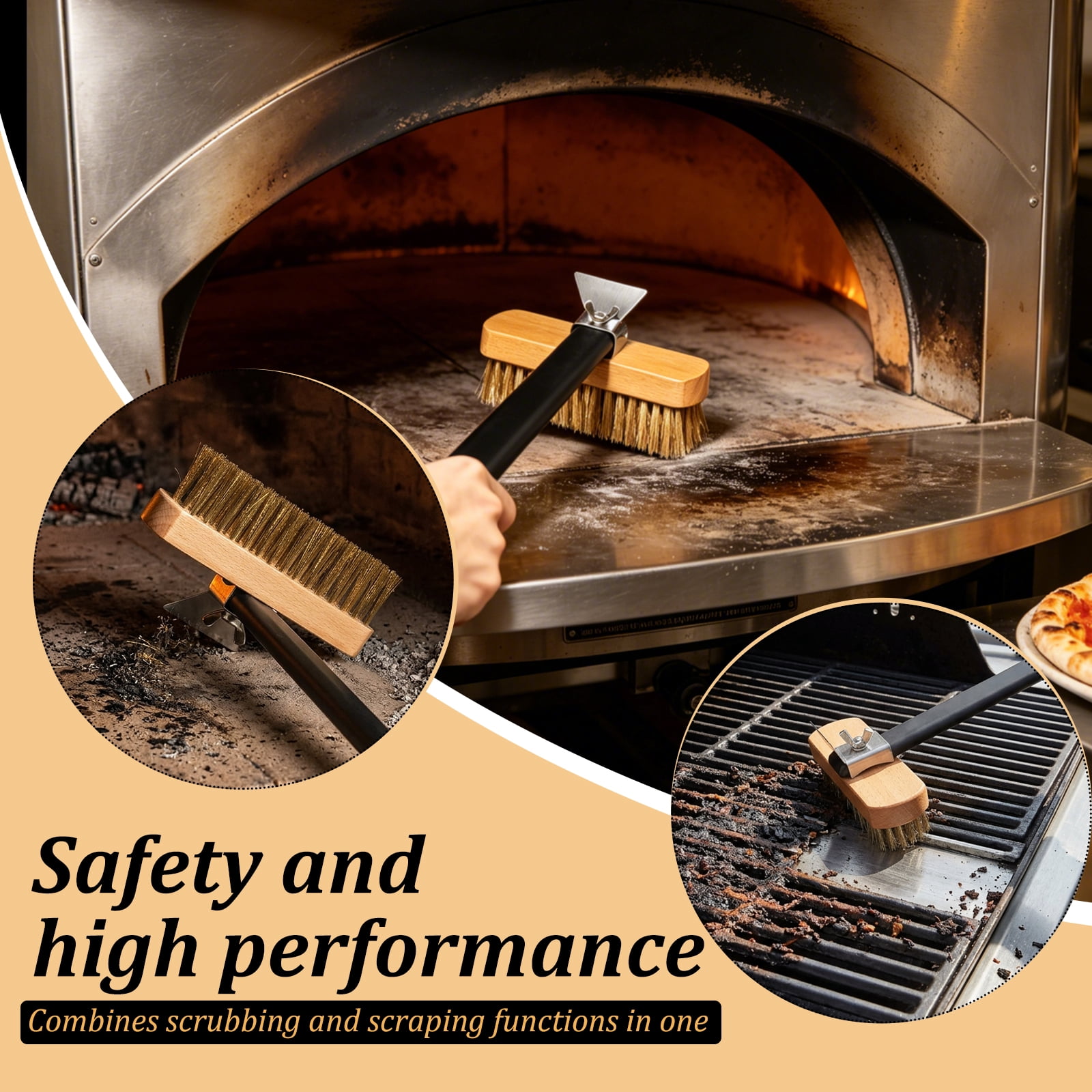 Pizza Oven Brush with Scraper Pizza Stone Cleaning Brush with Brass Bristles Barbecue Grill Cleaning Tool for Kitchen Baking