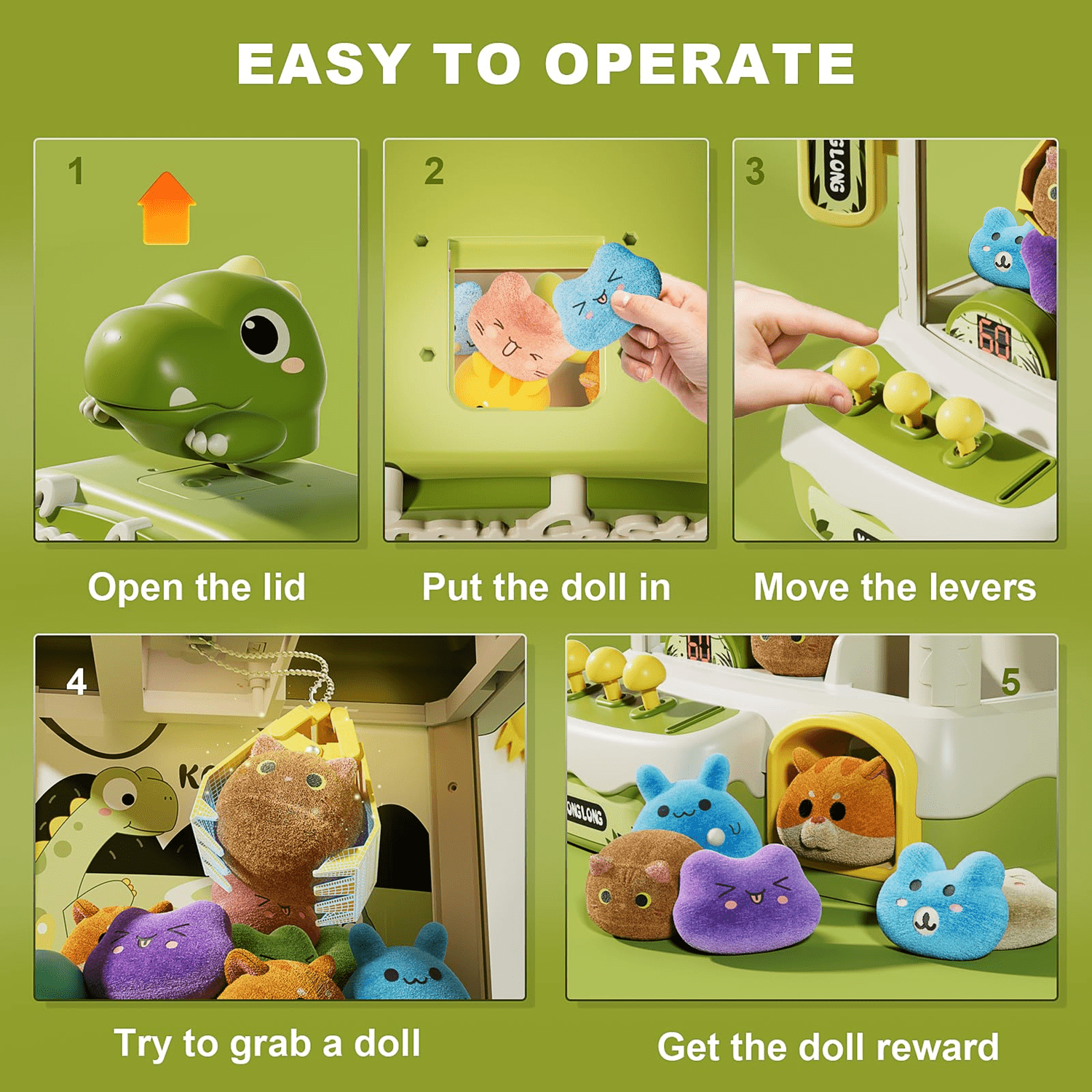 Risehigh Claw Machines for Kids Dinosaur Toys for Boys Age 6+, Arcade Toy Games with Light Music, Candy Dispenser Machine Mini Vending Machine with 30 Accessories Christmas Birthday Gifts Age 6-12