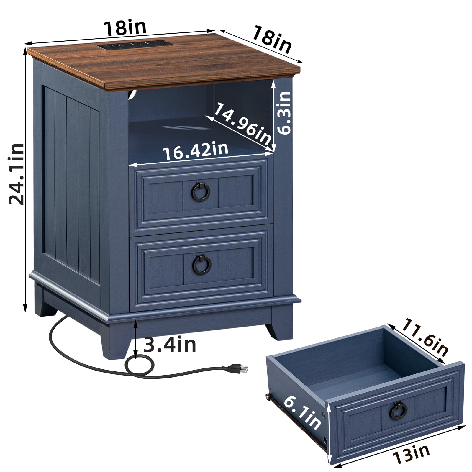2 Pcs Joaxswe 2 Drawers Farmhouse Nightstand with Charging Station, Bedside Table with Drawers for Bedroom, Adult End Table with Open Shelf, Navy