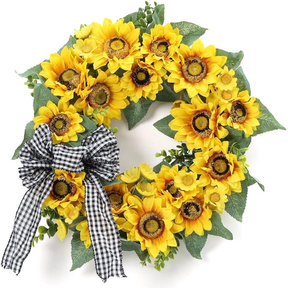Spring Wreath for Front Door, 18In Artificial Sunflower Front Door Wreaths for All Seasons Farmhouse Wreath with Ribbon Sunflowers for Frontdoor,Window Wall Home Decor