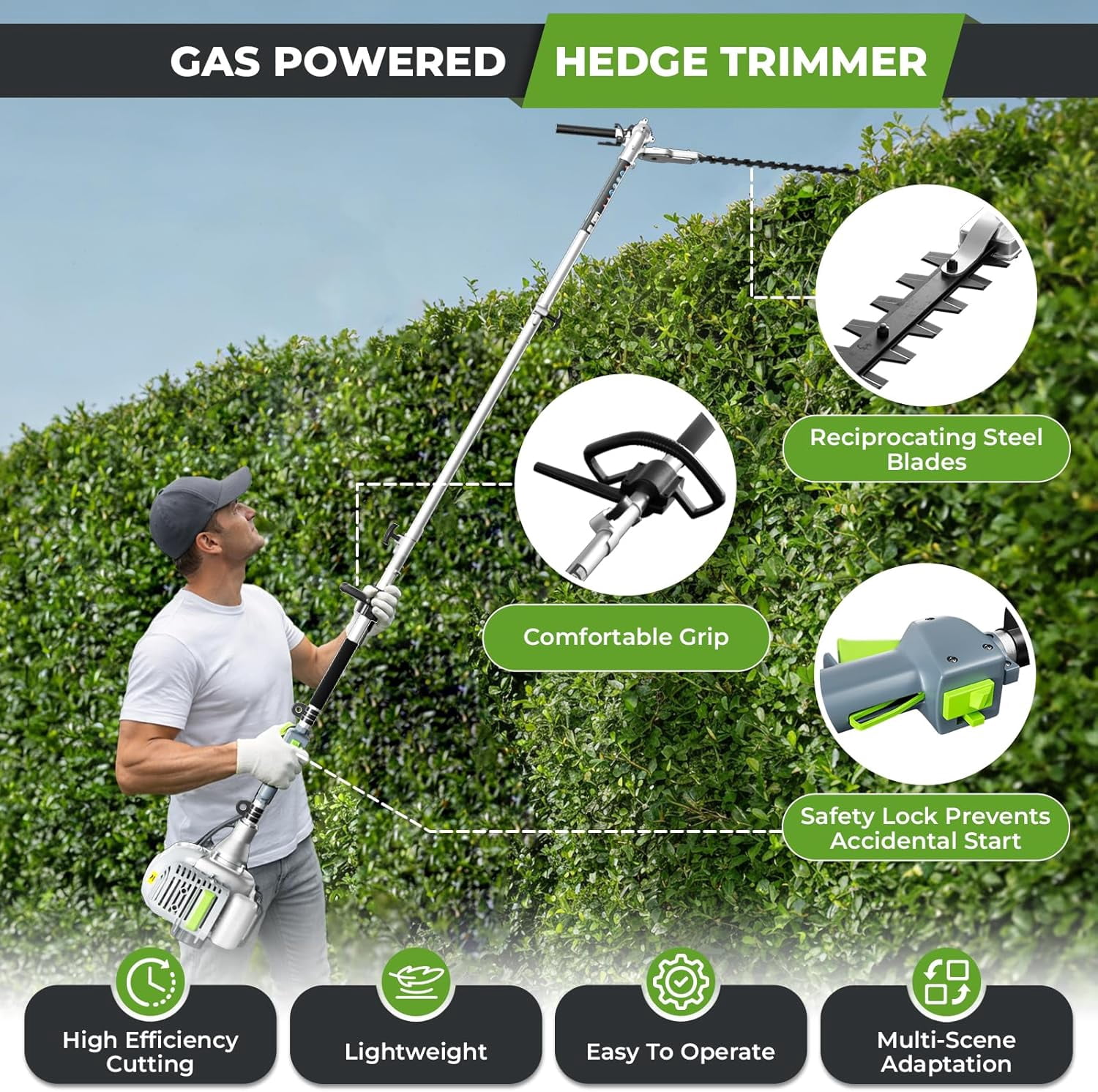 EAYSG Gas Hedge Trimmer 2 Cycle with Extension Pole, 17-inch 36cc Gas Powered Pole Hedge Trimmer with Dual Sided Dual Action Blade, Great for Trimming Shrubs, Bushes