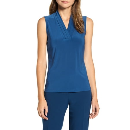 Anne Klein Women's Pleated V Neck Top Blue Size Small