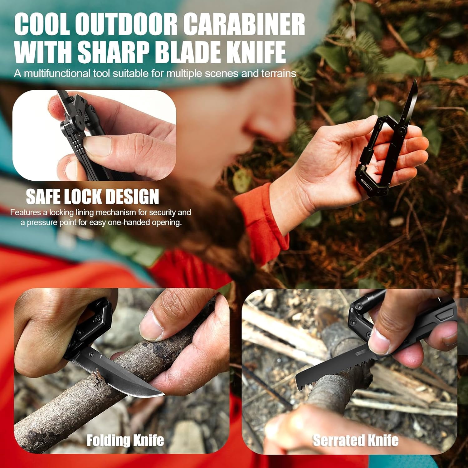 Carabiner Multitool 8-in-1 EDC Carabiners Pocket Knife, Serrated Rope Cutter, Screwdriver, Can Bottle Opener, Ruler, Survival Gear for Camping Climbing Hiking, Gifts Men ()