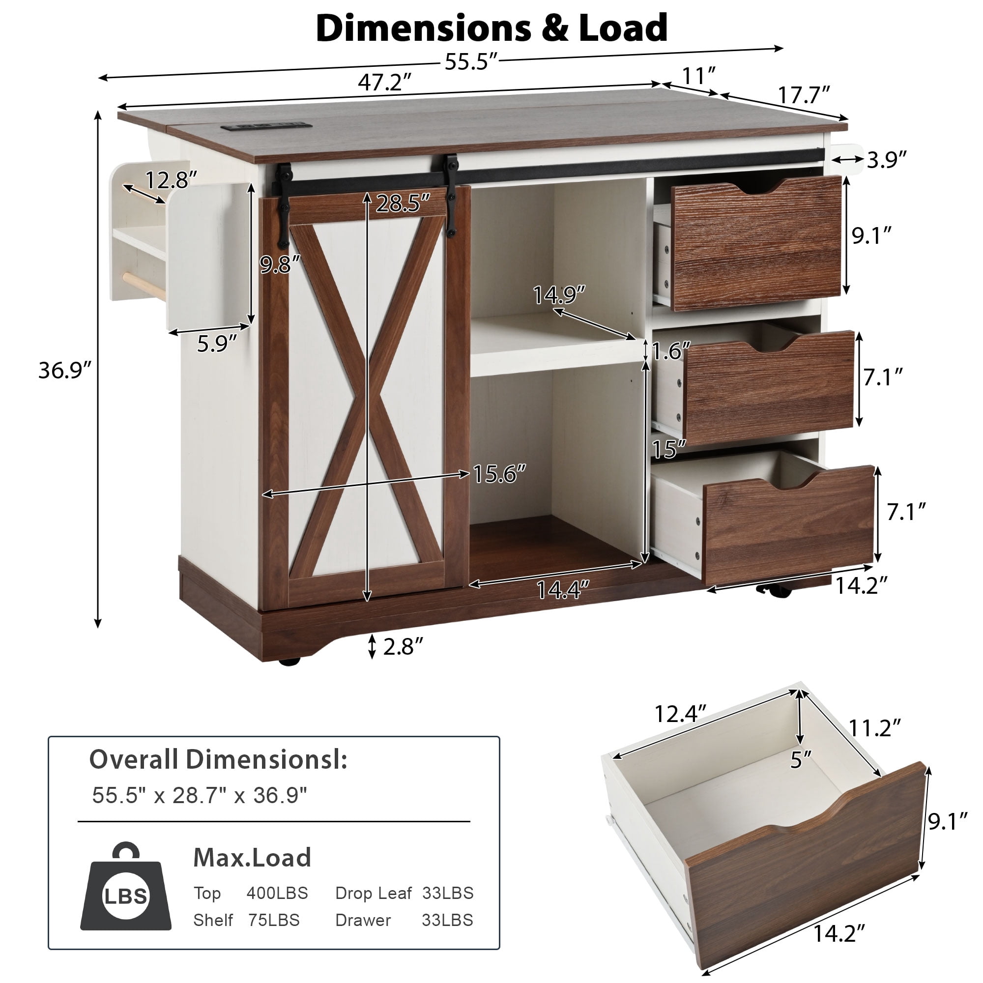 Homy Casa 55.5" Farmhouse Kitchen Island with Drop Leaf, Power Outlets, 3 Drawers, Shelves & Spice Rack