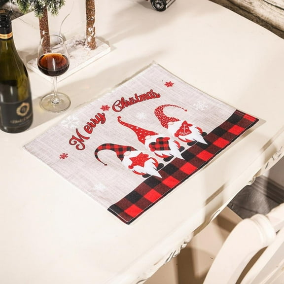 Gnomes Christmas Decorations Placemats Set of 6, Farmhouse Buffalo Plaid Red Black Cotton Line Stain Resistant Table Mats Washable Holidays Placemat For Kitchen Dining Table Winter Snowflakes