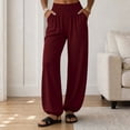 thumbnail image 2 of Women Solid Elastic High Waist Loose Cuffed Jogger Pants, Side Pockets Full Length Casual Sports Loungewear Trousers for Daily Hang-out Wine XL(XL), 2 of 8