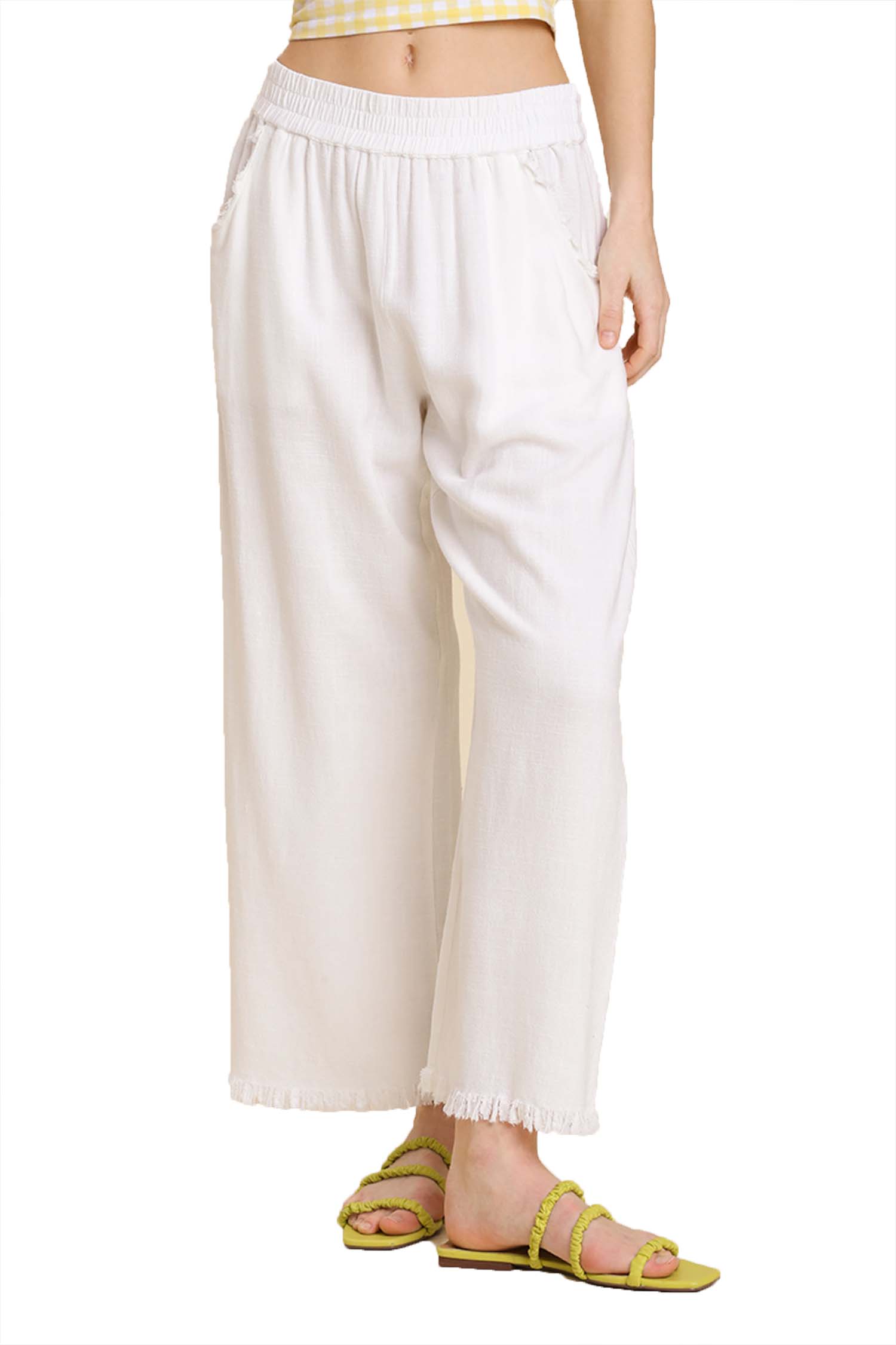 White Wide Leg Pant with Elastic Waist, Pockets, and Frayed Hem
