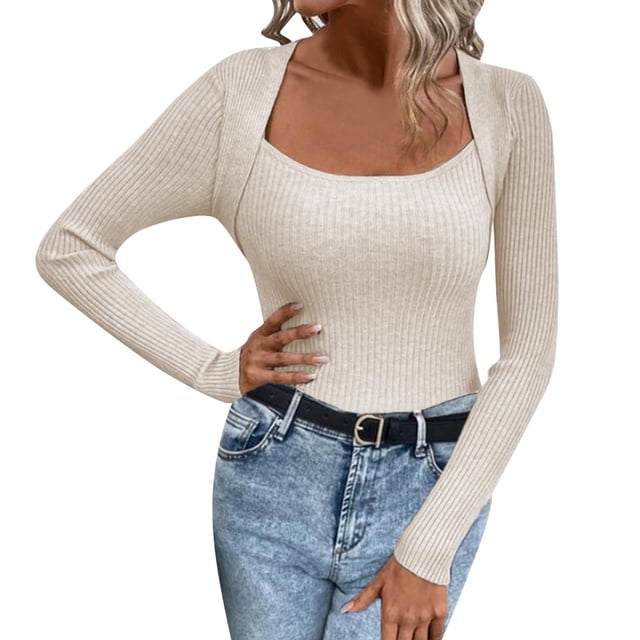 Gibobby Suéter Divertido de Manga Larga Suéter de punto de cuello cuadrado de color sólido delgado sexy para mujer en otoño e invierno (Blanco, M)