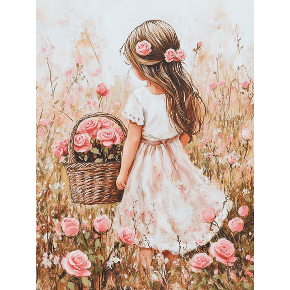 Girl with Roses Basket Canvas Painting，Suitable for Living Room，Bedroom，Bathroom，Nursery，and Office Decoration.