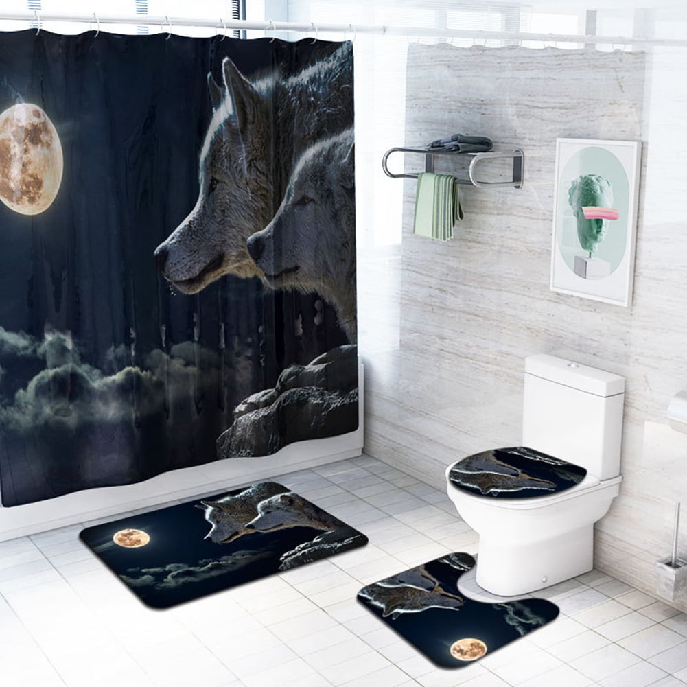 US Moon Leopard Shower Curtain Anti-slip Bathroom Carpet Toilet Seat Cover 
