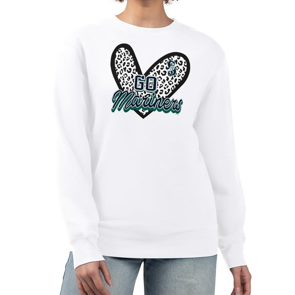 Women's G-III 4Her by Carl Banks White Seattle Mariners Leopard Heart Pullover Sweatshirt