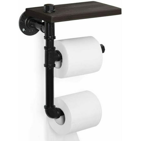 

Double Wall-Mounted Wooden Shelf Iron Metal Pipe Holder Black