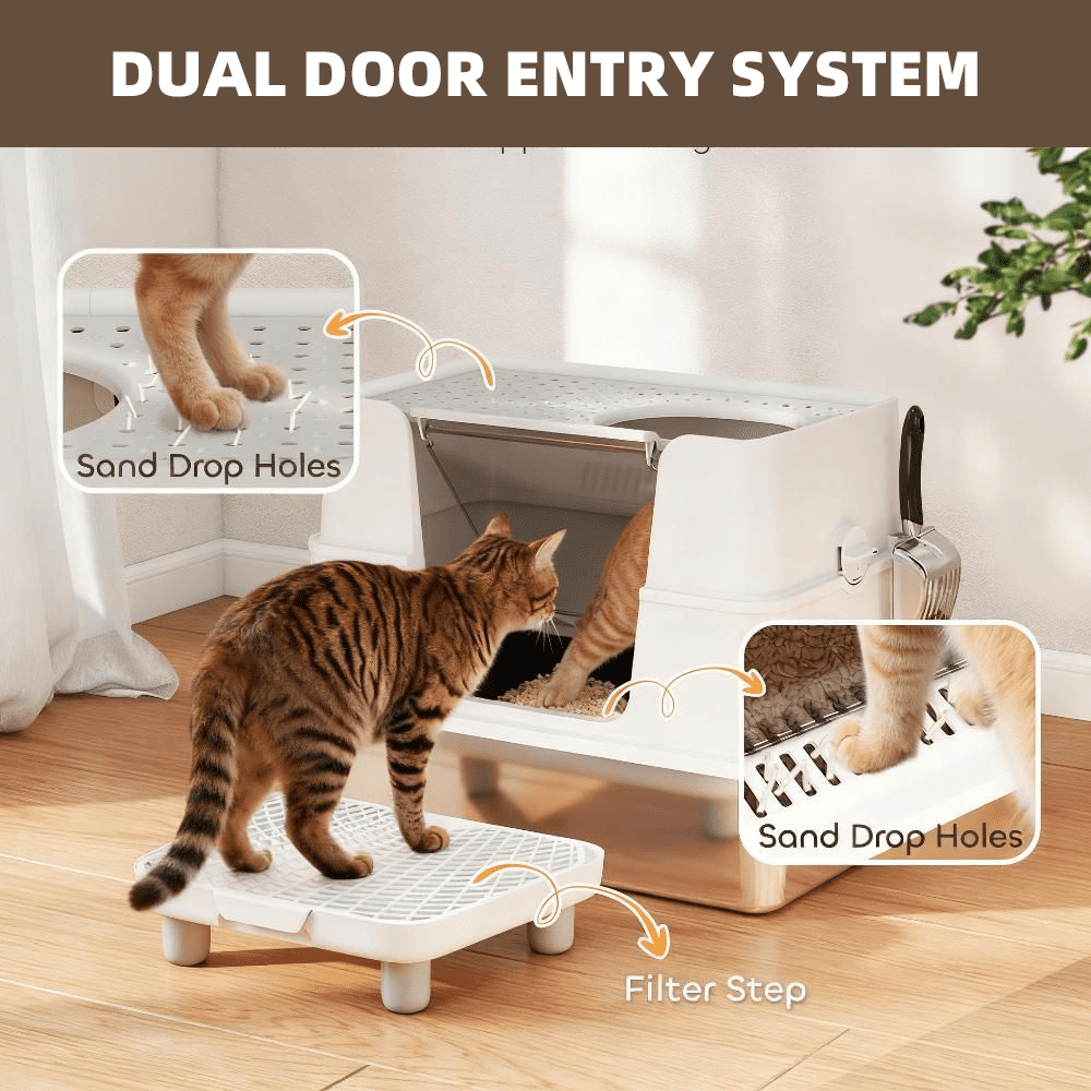 LUMAMIN Cat Litter Box, Stainless Steel Top and Side Entry Cat Box Enclosure with Scoop for Cats of Different Sizes, 33 lbs Capacity, 23.7" x 15.8" x 17.5", Light Gray