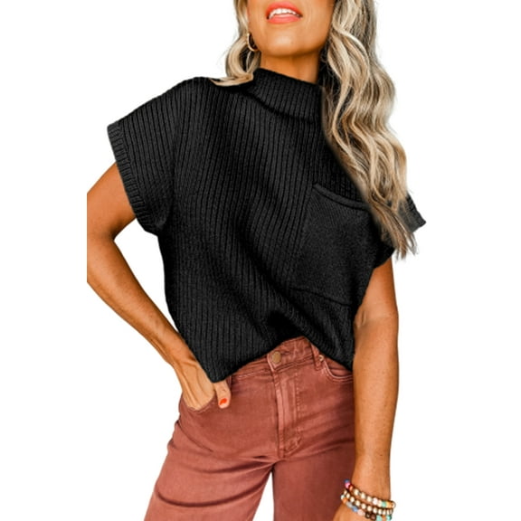Women's Black Ribbed Knit Short Sleeve Sweater with Patch Pocket - [ZhiHiMeRi] | (US 4-6)S,Black