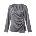 thumbnail image 4 of Women's French-Inspired Satin Blouse, Cross Front V Neck Slim Fit Long Sleeve Top, Elegant Work Office Shirt and Casual Date Night T-Shirt for Women Grey S, 4 of 4
