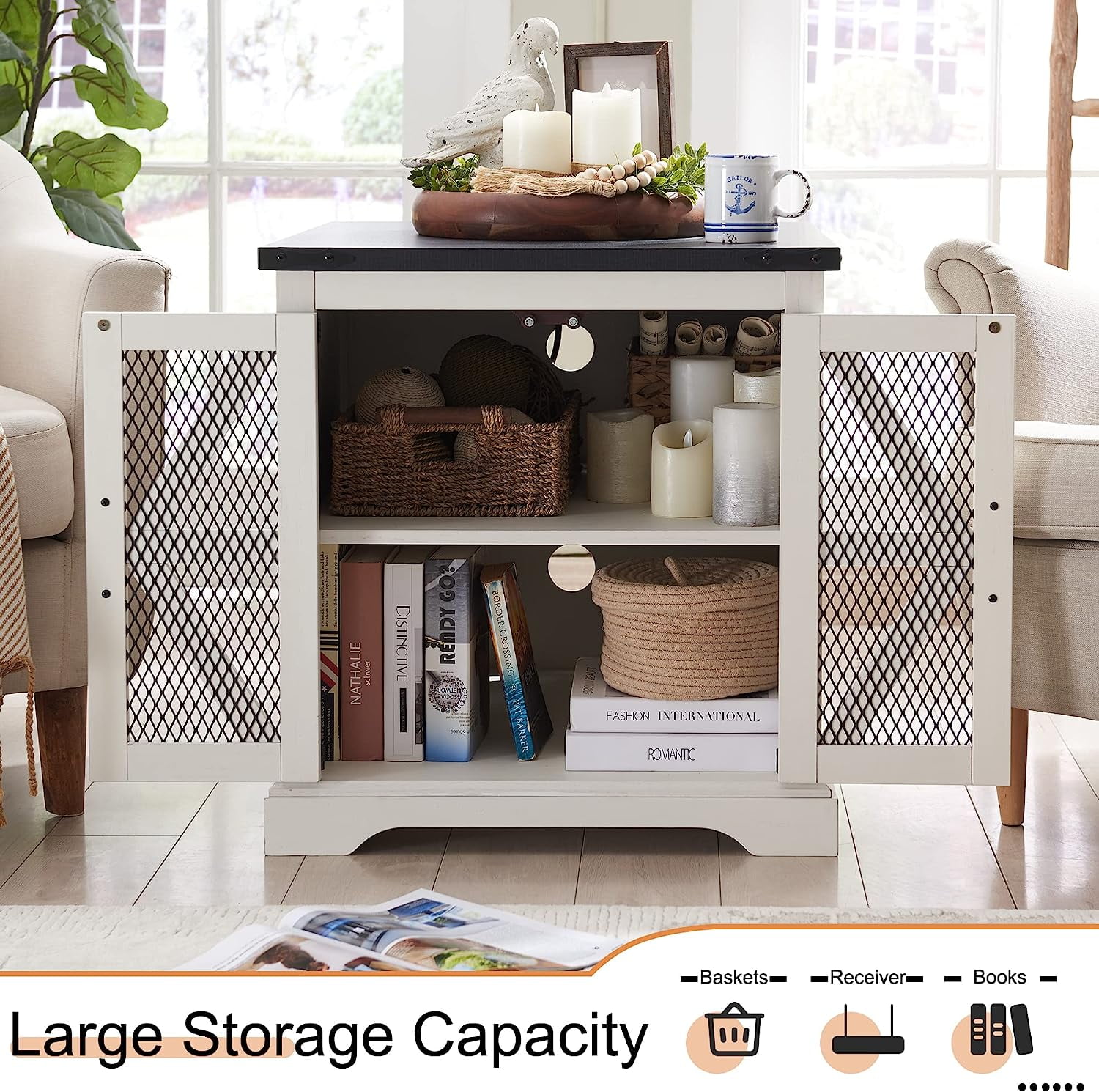 T4TREAM Farmhouse End Table with Charging Station, Side Table with Mesh Door & Storage Shelf Nightstand for Living Room Bedroom, White,Wood Tabletop