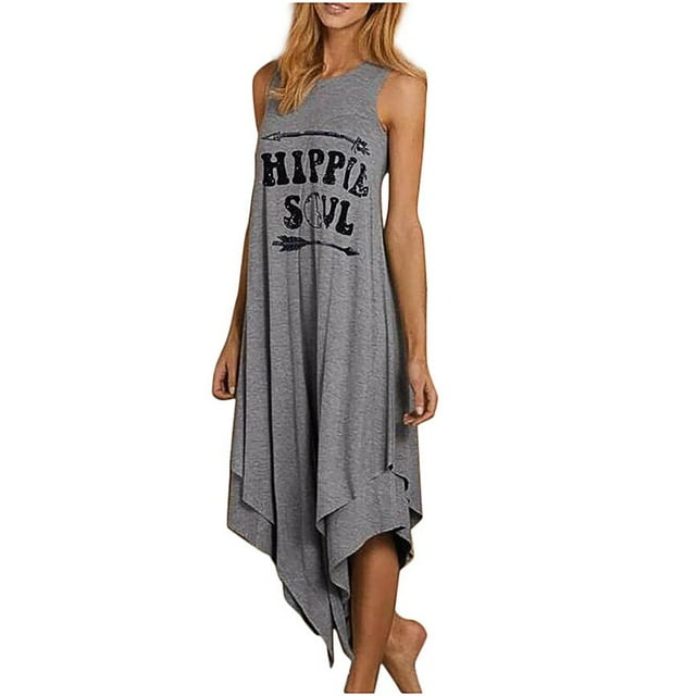 Robe Longue d'Été Décontractée Hippie pour Femmes avec Imprimé Lettre Soul, Sans Manches, Plissée Irrégulière, Ample, Double Couche, Grande Taille