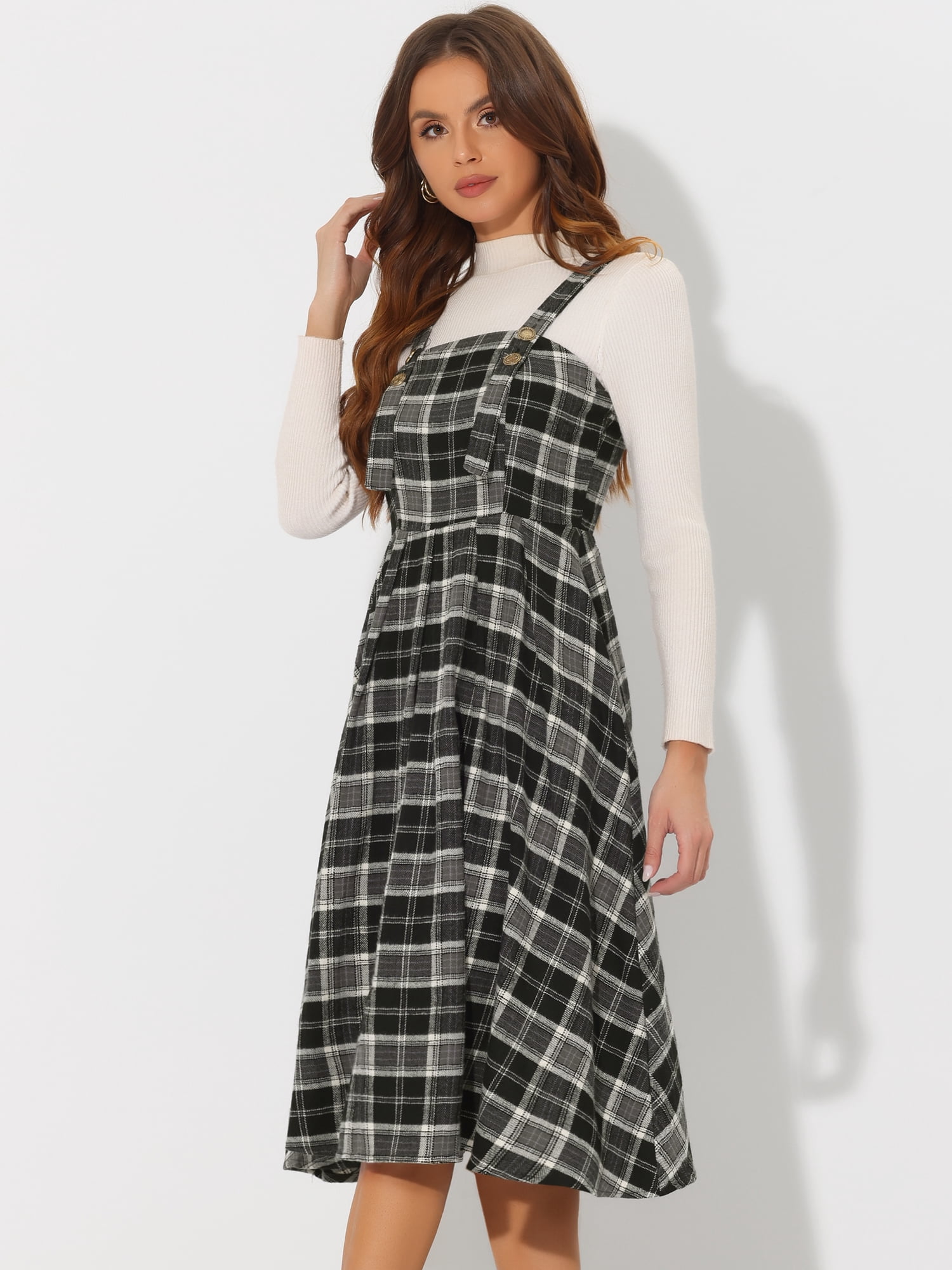 DARING DIVA Plaid Overalls Vintage Sleeveless A-Line Pinafore Dress S Black