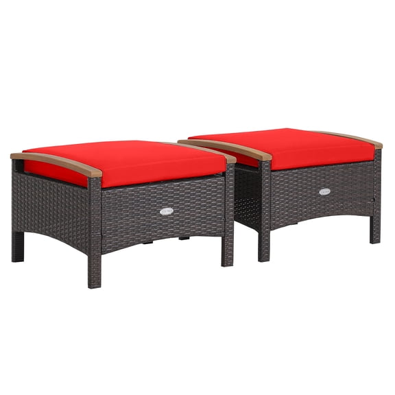 Gymax 2PCS Patio Ottomans Wooden Handles Rattan Knitting Foot Pedal Red