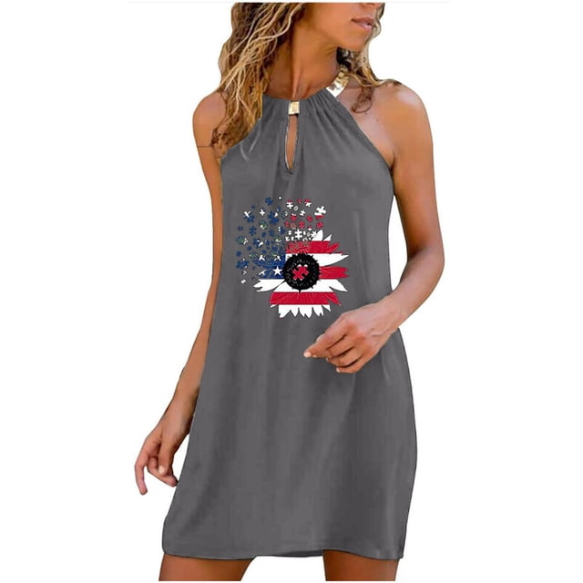 Cameland Robe Décontractée Sans Manches à Col Rond pour Femme, Imprimé Floral d'Été, Gris, Taille g