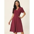 thumbnail image 3 of Unique Bargains Women's Summer Wrap V Neck Puff Short Sleeve Midi Swing Dress XL Wine Red, 3 of 6