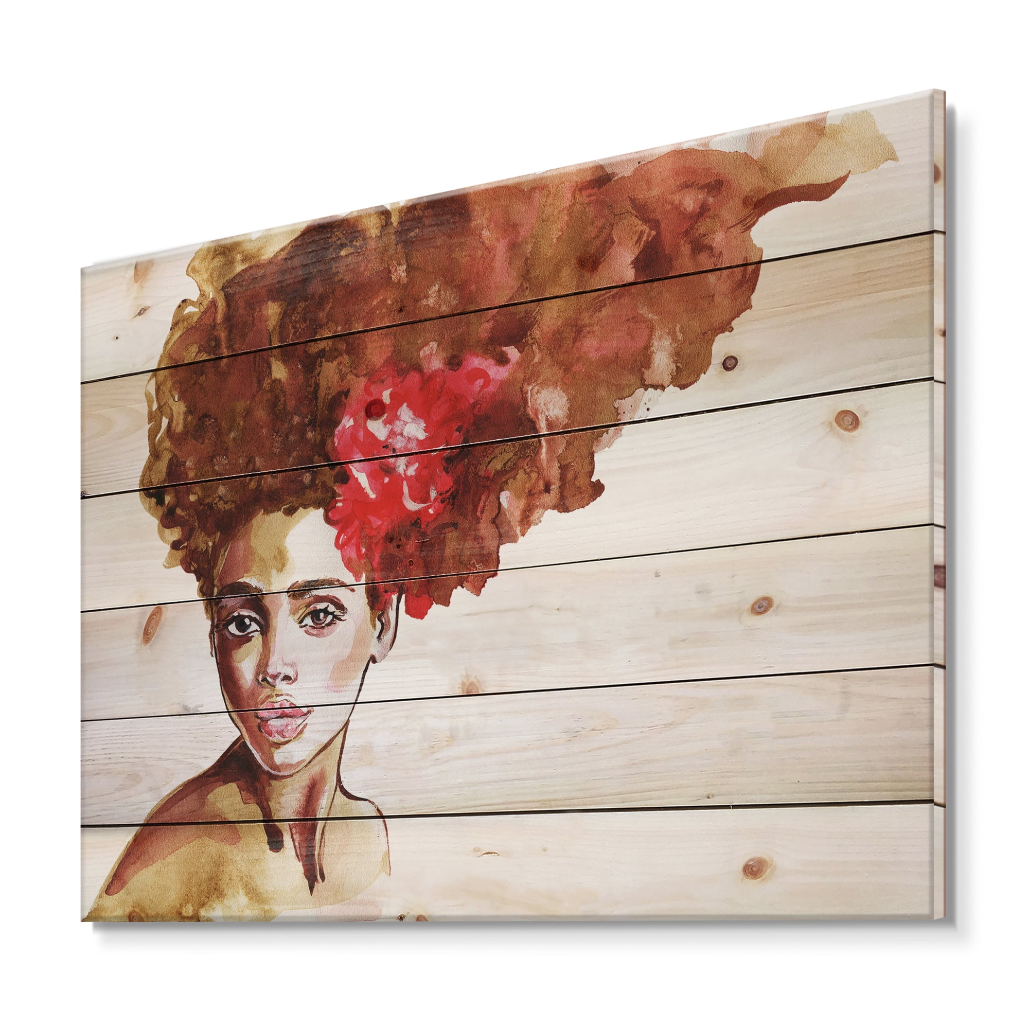 Designart 'Portrait of Young African American Woman II' Modern Print on Natural Pine Wood