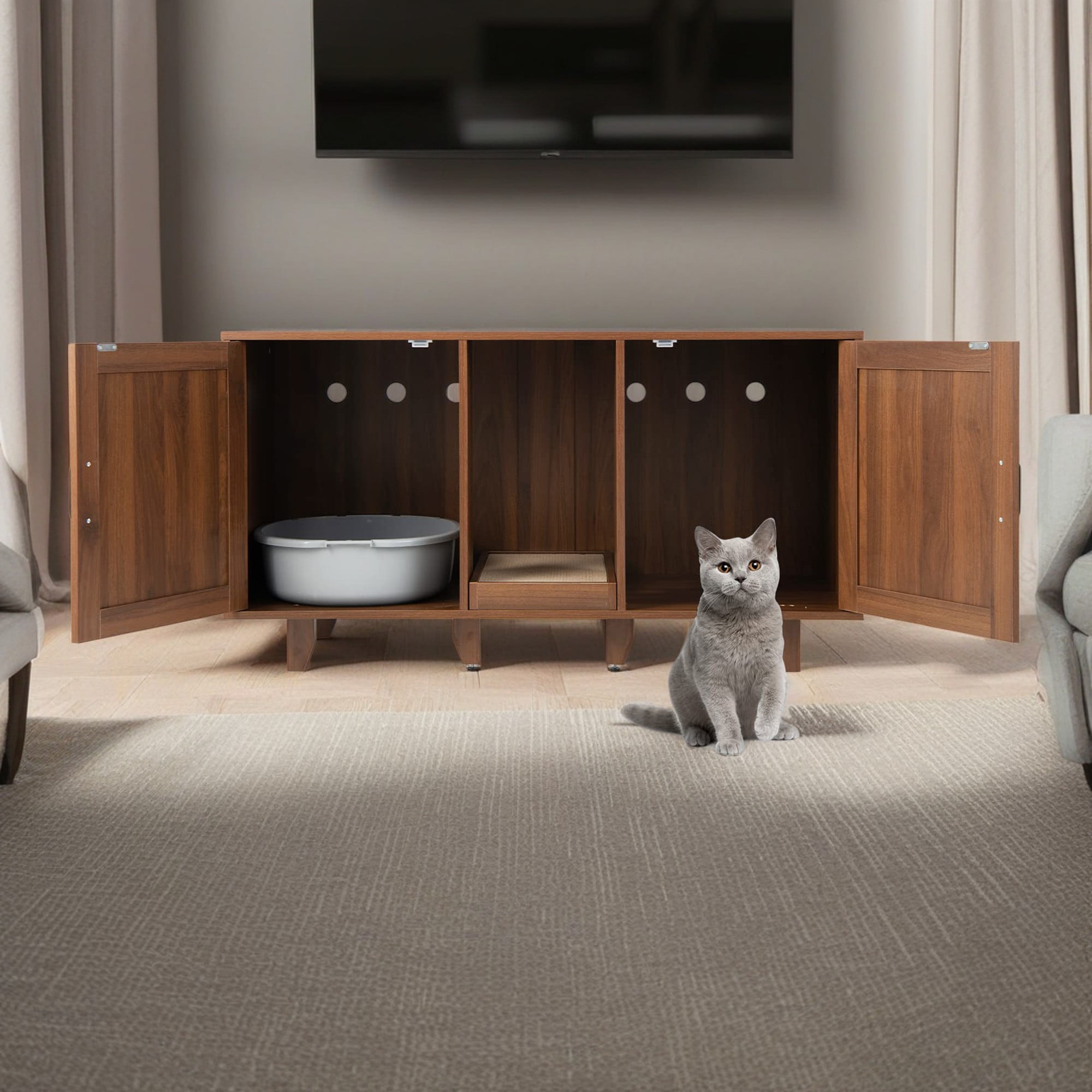 resenkos 47" Litter Box Enclosure for 2 Litter Boxes, Hidden Cat Washroom with 2 Cabinet House, Scratching Board, Indoor Cat Litter Furniture, Brown