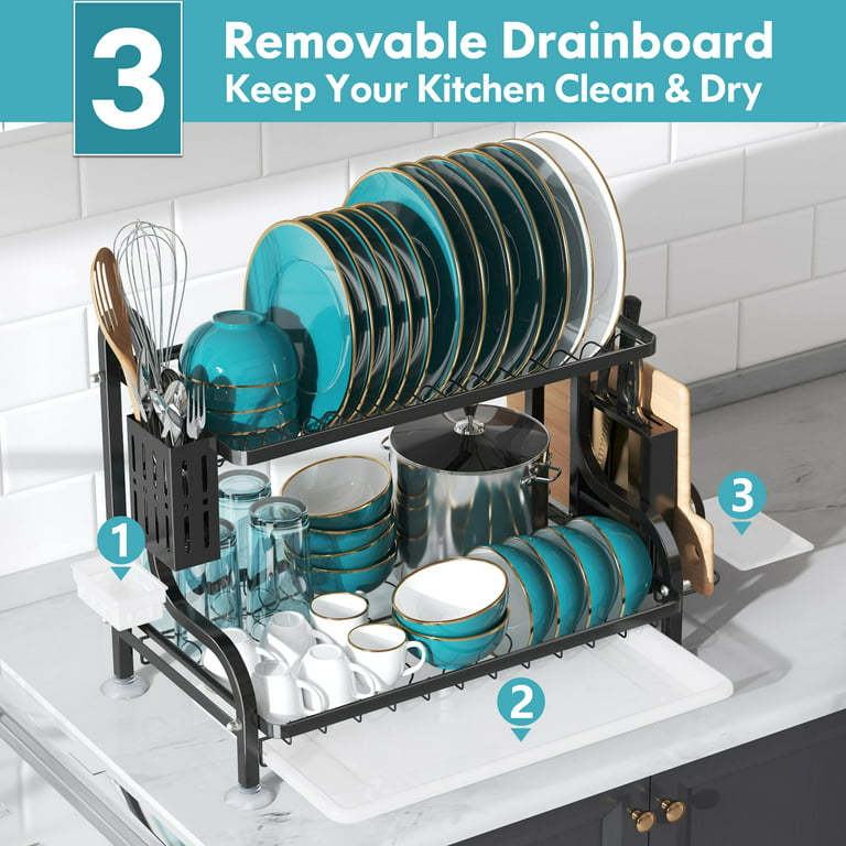 MAJALiS Dish Drying Rack for Kitchen Counter, Stainless Steel Large Dish  Drainers Strainer with Drainboard Set for Sink, 2 Tier with Utensil Holder
